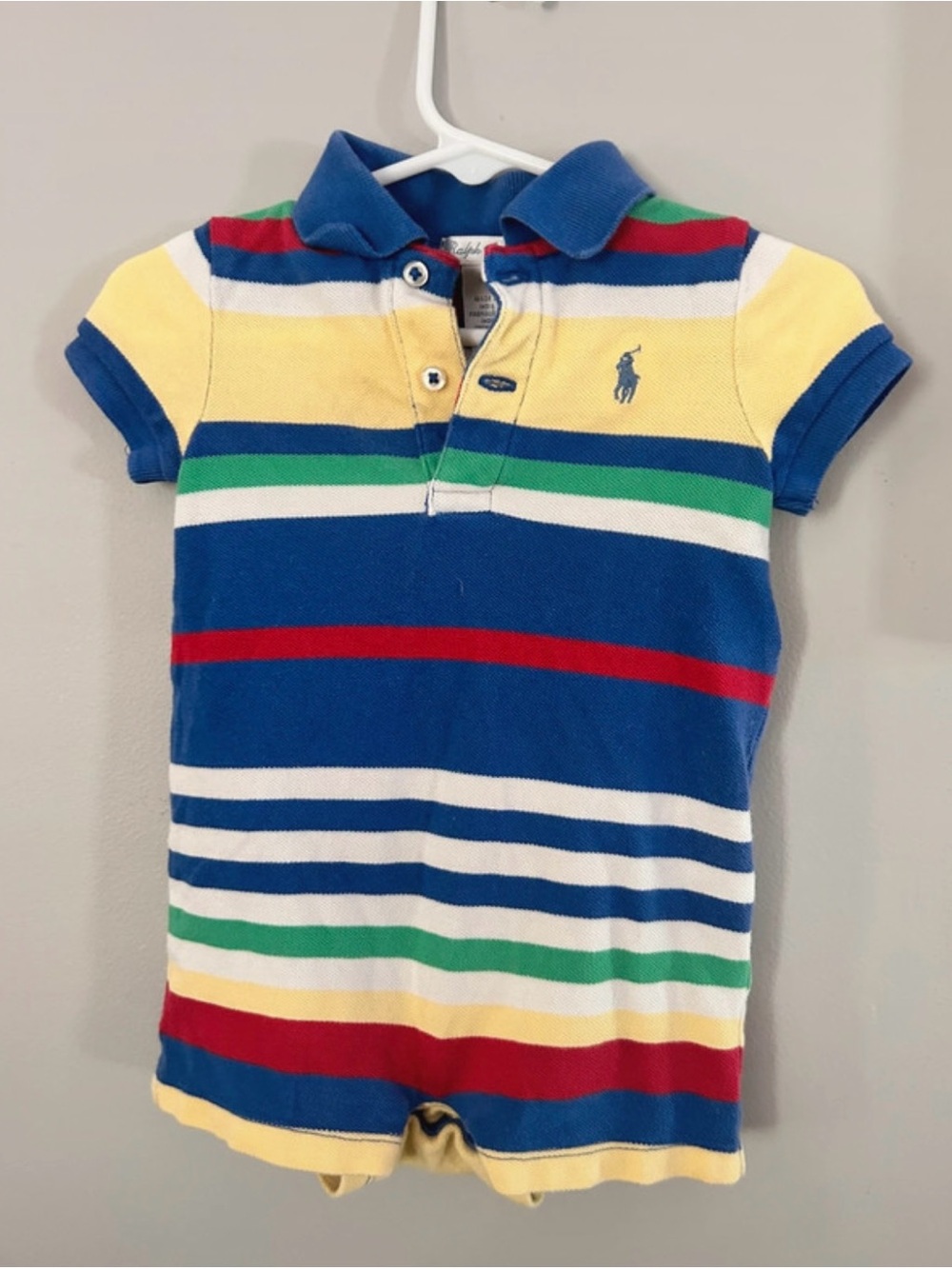 Ralph Lauren Multicolor Stripe Polo Romper in Blue, Yellow, Red